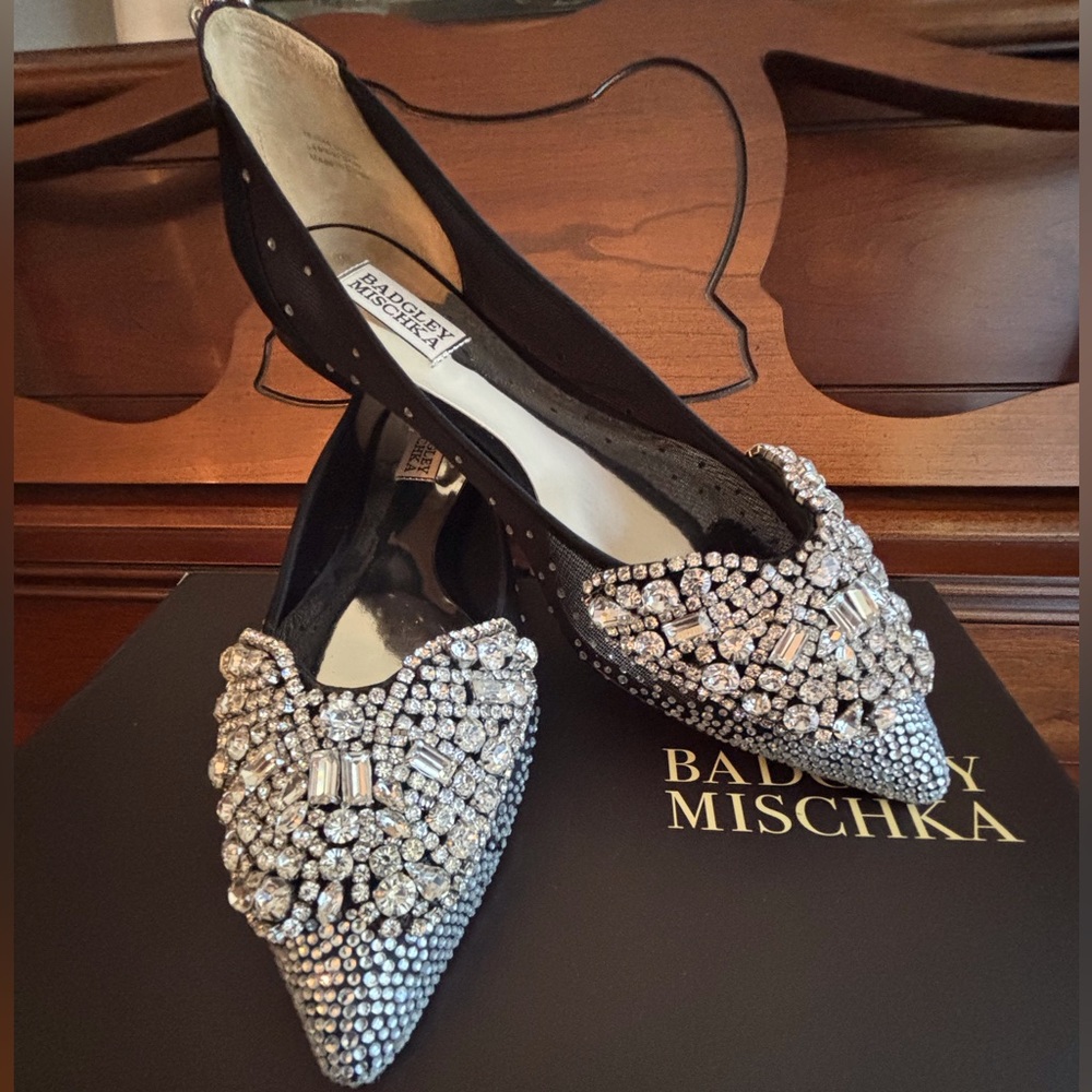 Badgley Mischka Quinn Crystal Embellished Black Pointy Toe Flats